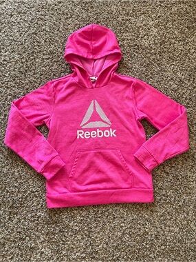 Reebok Girls XL 14/16 Pink Fleece Hoodie Big Logo Pullover Sweatshirt Activewear